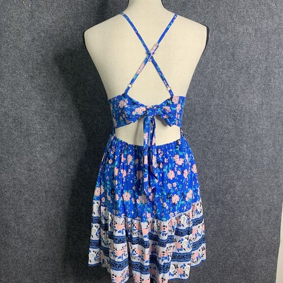 Unbranded Floral Strappy Sun Dress XS Blue Pink Open Tie Back Elastic Pullon - Picture 6 of 9